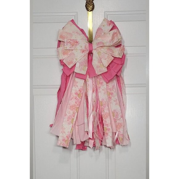 Vintage Pink Floral Rag Bow, Pink Pastel Rag Bow, ‎ Wreath or Swag Rag Bow #1 - Picture 2 of 3